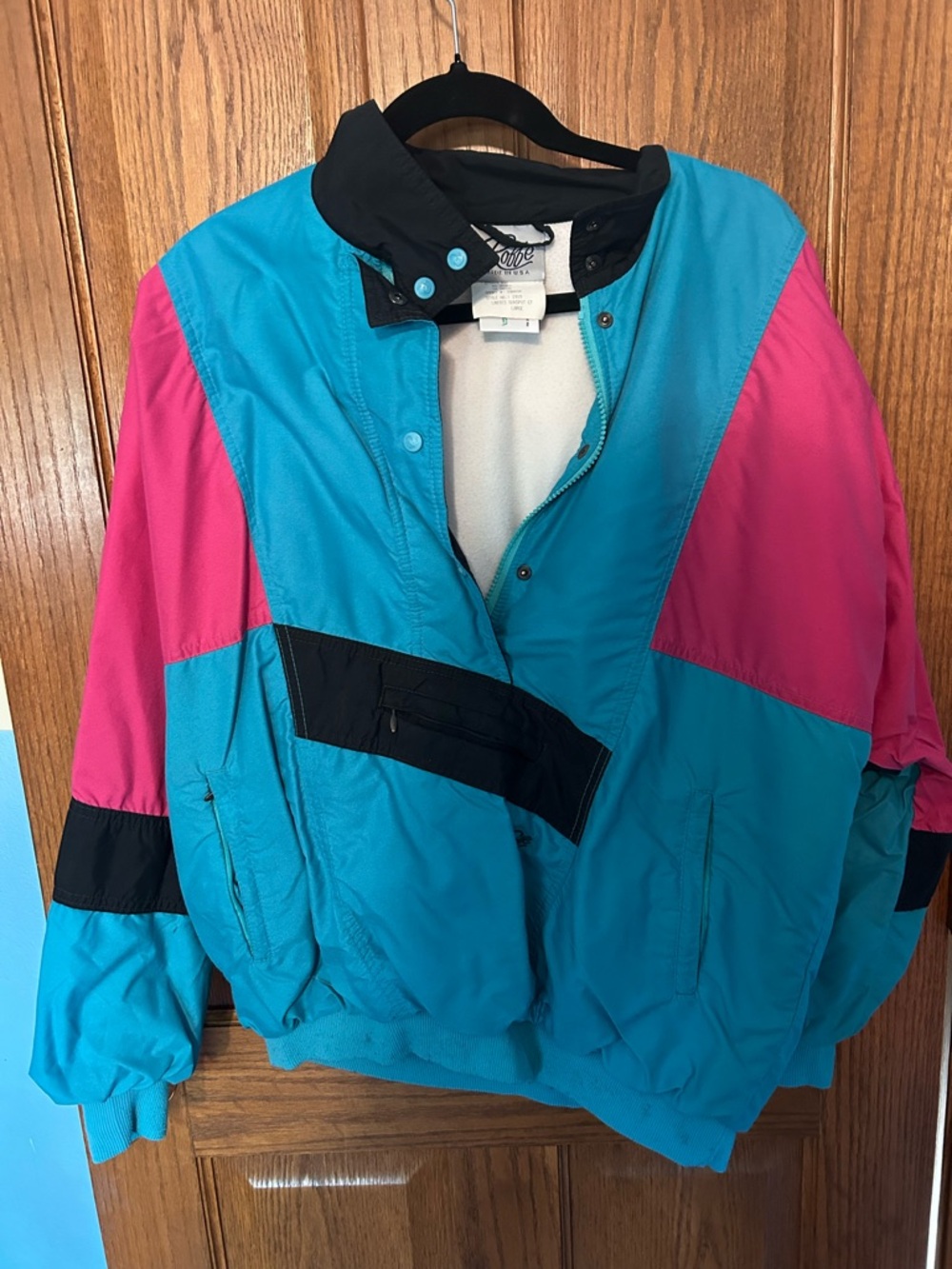 Women's Teal and Pink Colorblock Windbreaker Anorak Jacket Vintage
